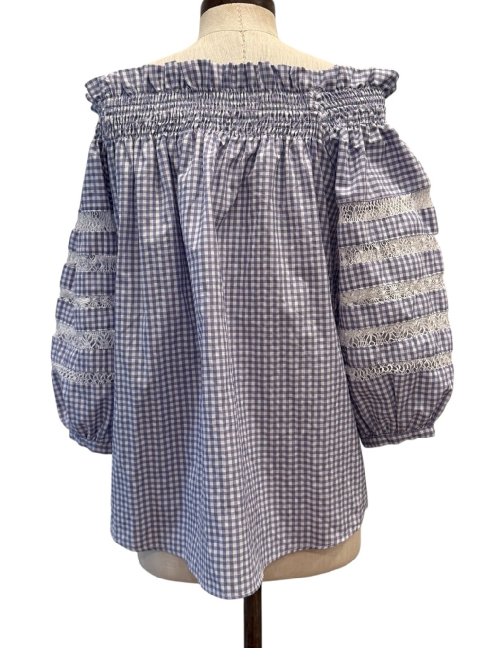 Like new! Mi Golondrina Blue Gingham Off-Shoulder Smocked Blouse